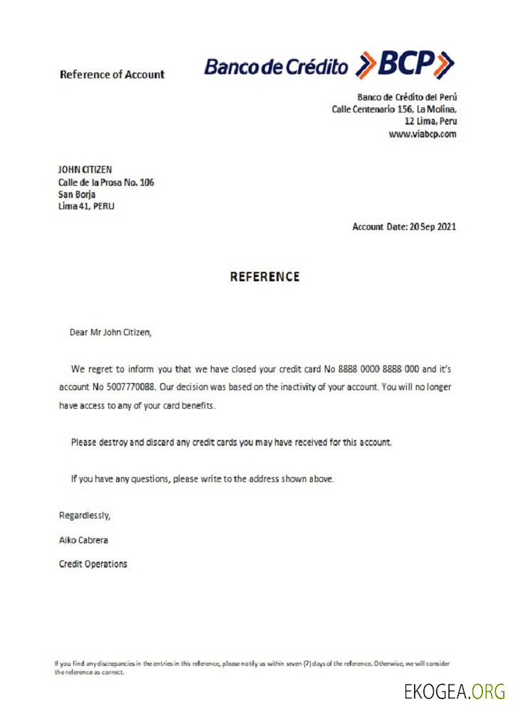 Référence Peru , Banco de Credito , closure